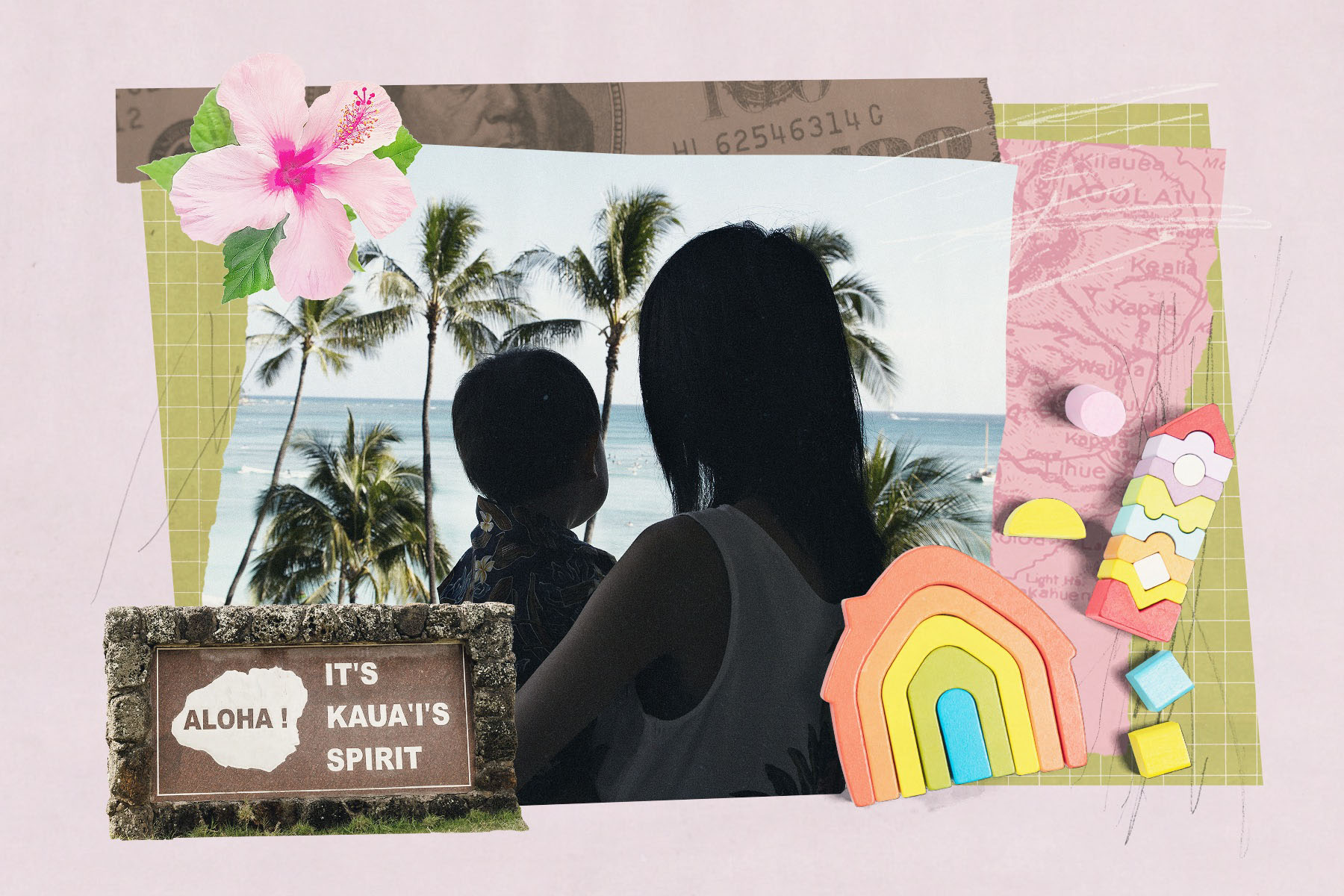 A collage featuring a silhouetted adult and child looking out at a palm-lined beach in Hawaii, layered with a hibiscus flower, maps, patterned paper, a sign reading “Aloha! It’s Kaua‘i’s spirit,” and colorful wooden toys.