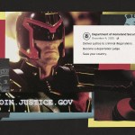 A collage shows Judge Dredd aiming a gun, alongside a judge’s gavel, U.S. Department of Homeland Security imagery and a screenshot of a DHS recruitment post reading, “Deliver justice to criminal illegal aliens. Become a deportation judge. Save your country.”
