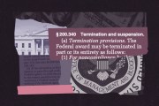 Collage featuring the White House, the seal of the Office of Management and Budget, U.S. currency and enlarged text from federal regulations on terminating or suspending grants.
