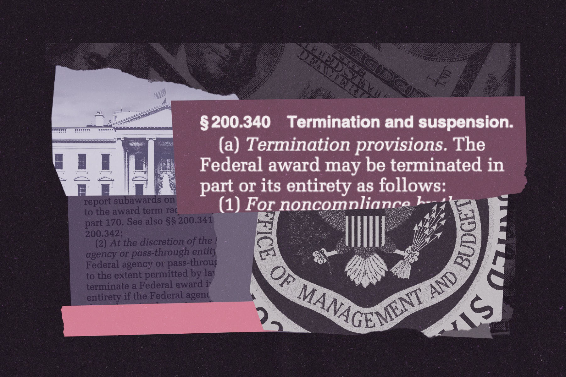 Collage featuring the White House, the seal of the Office of Management and Budget, U.S. currency and enlarged text from federal regulations on terminating or suspending grants.