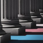 Graphic illustration of dark columns receding into the background, with layered blue, pink and white bands of the transgender pride flag cutting across the shadows of the columns.