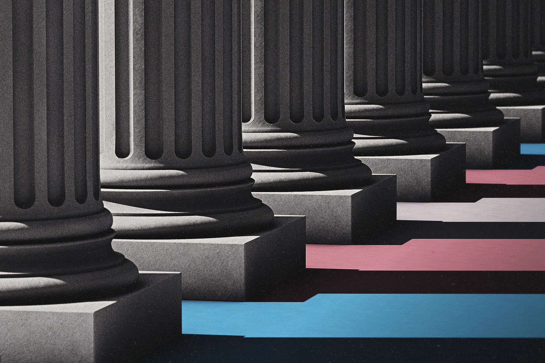 Graphic illustration of dark columns receding into the background, with layered blue, pink and white bands of the transgender pride flag cutting across the shadows of the columns.