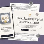 An illustration showing screenshots from the Trump accounts website and the tax form to receive the money.