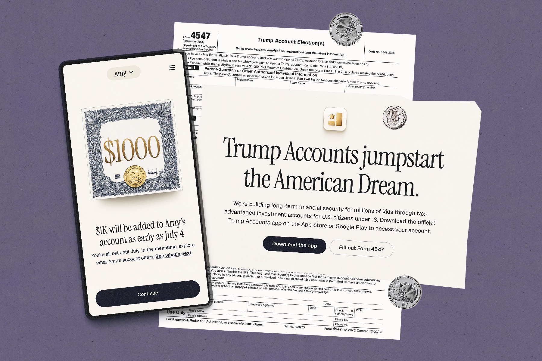 An illustration showing screenshots from the Trump accounts website and the tax form to receive the money.