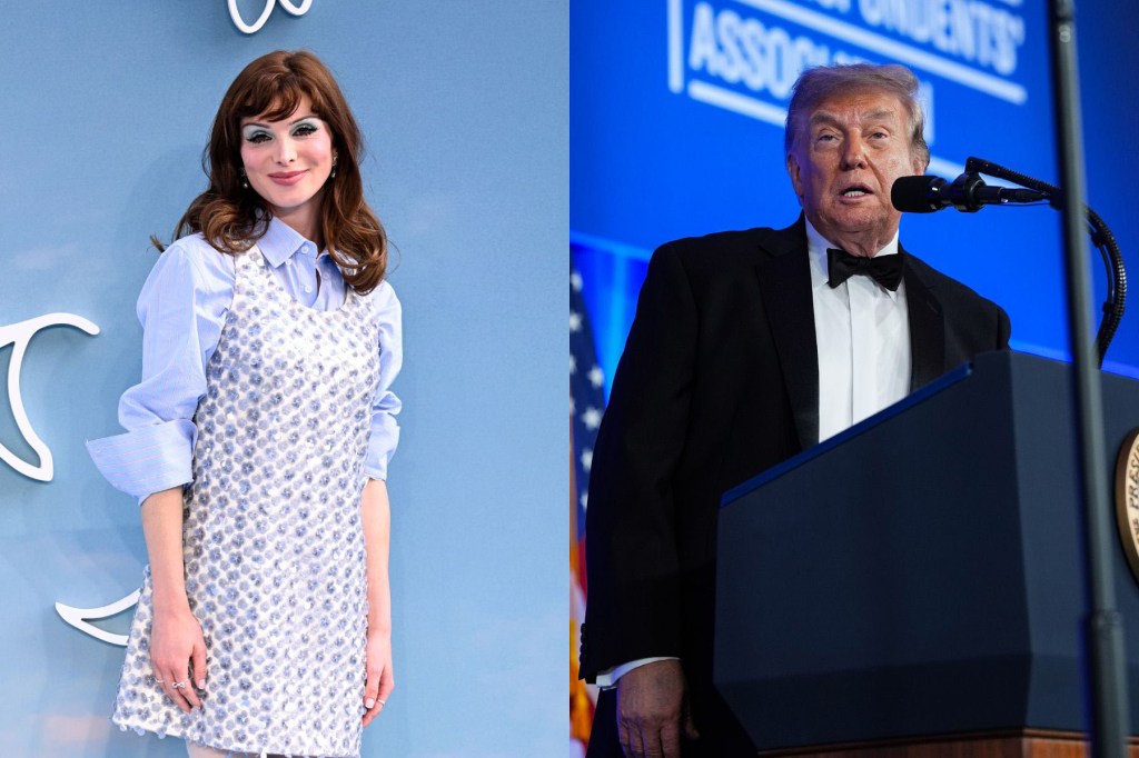 Dyptich photos of Dylan Mulvaney posing in a pale blue shirt and floral dress, and President Donald Trump speaking at a podium in a tuxedo.