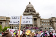 Protesters holding signs rally for abortion rights outside of the Idaho Statehouse.
