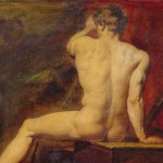 Painting of a nude male figure seen from behind, seated on a wooden bench with one leg extended against a dark red and brown studio background.