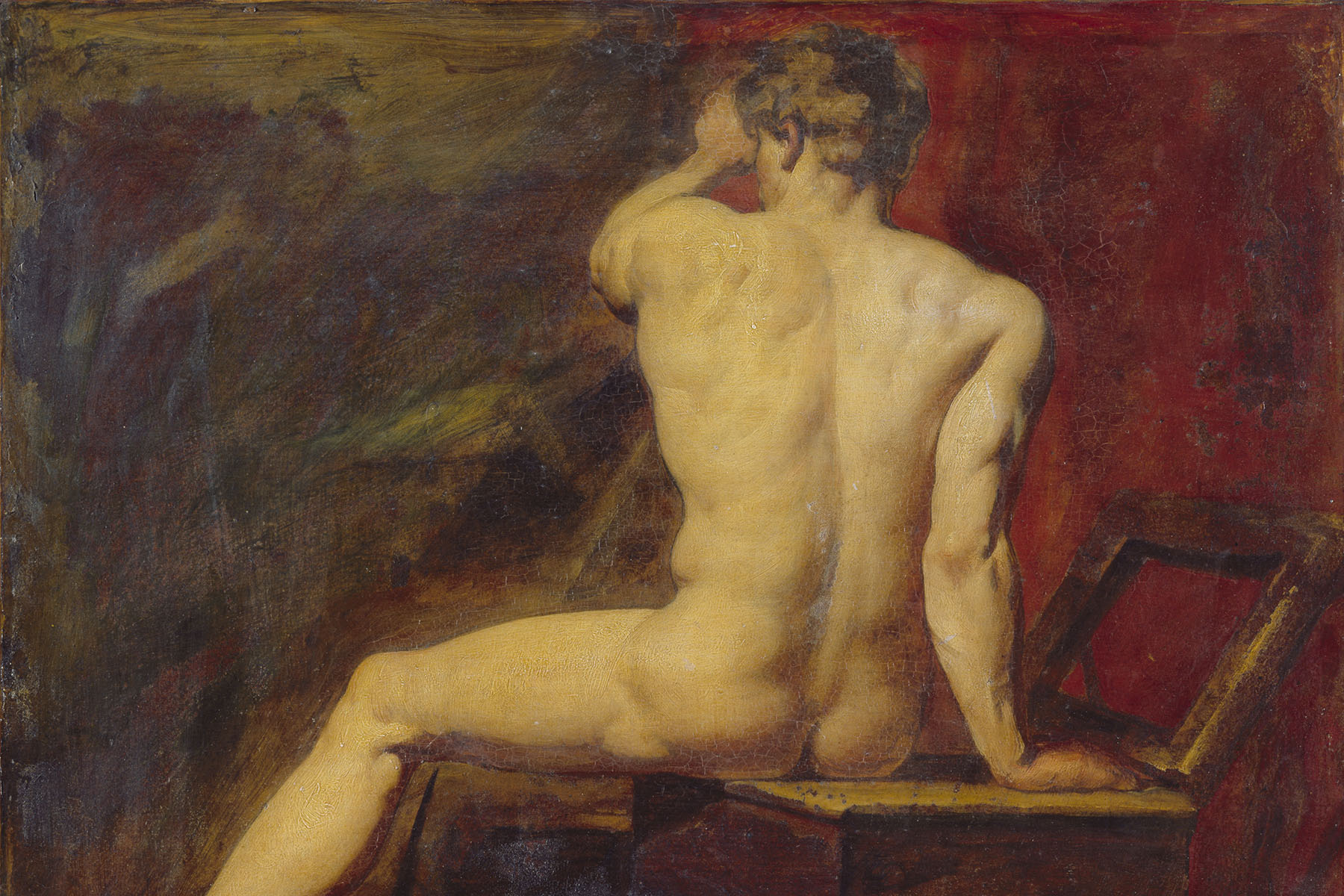 Painting of a nude male figure seen from behind, seated on a wooden bench with one leg extended against a dark red and brown studio background.