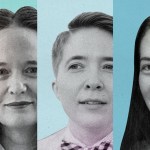 A collage of three black and white portraits set against blue backgrounds.