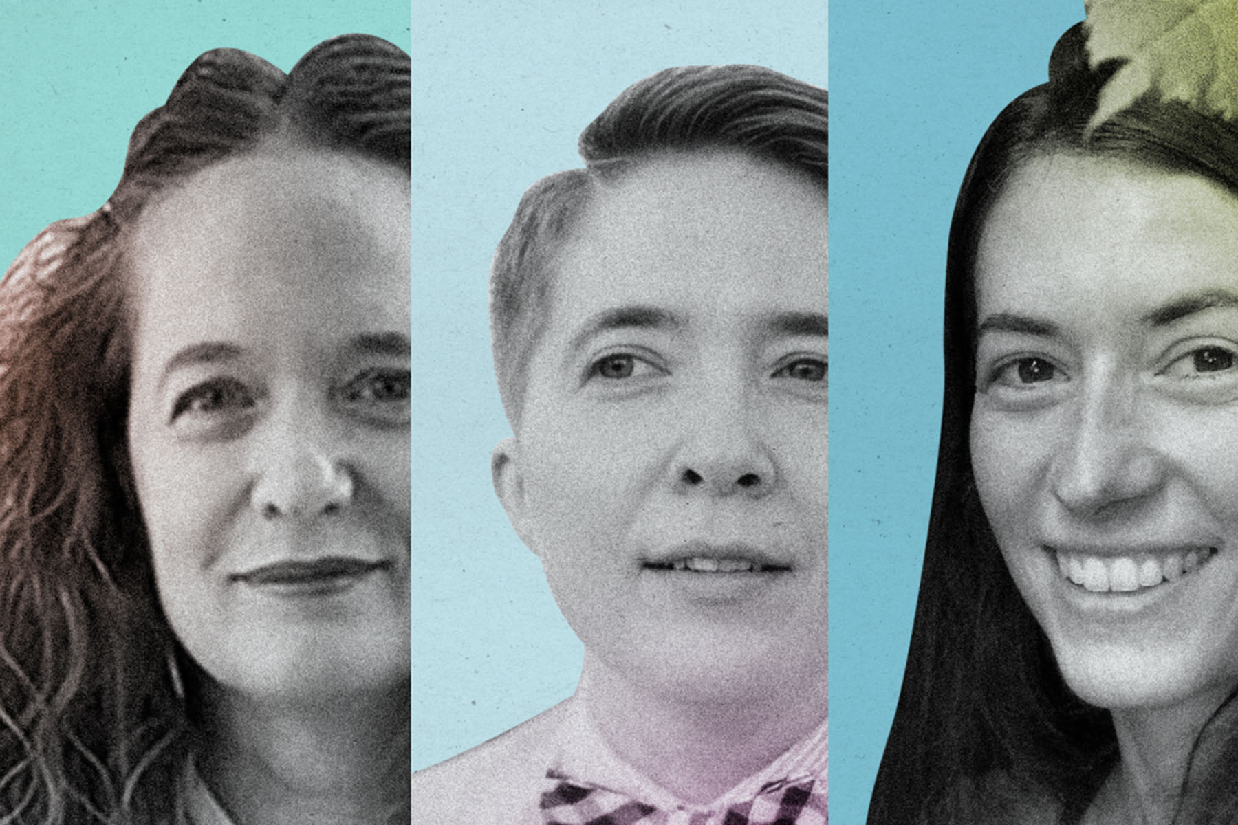 A collage of three black and white portraits set against blue backgrounds.