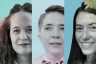 A collage of three black and white portraits set against blue backgrounds.