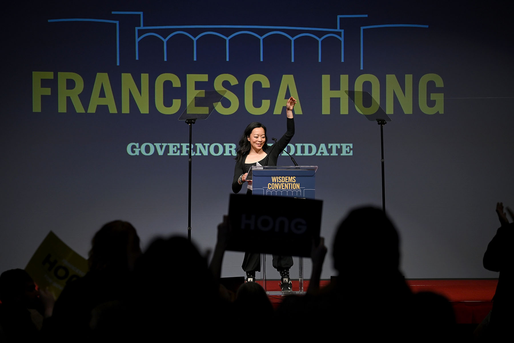 Governor candidate Francesca Hong speaks on stage during Wisconsin Democrats 2026 Convention.
