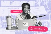 A collage illustration showing Owens in front of a laptop and mic with the words subscribed and following around her.