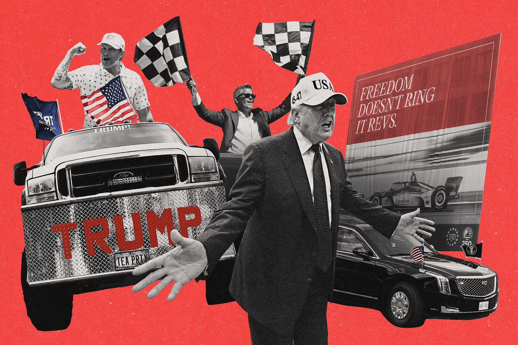 Collage showing Donald Trump in front of a presidential limousine, a Trump-branded pickup truck, a man waving a checkered flag, and an IndyCar display, all set against a textured red background.