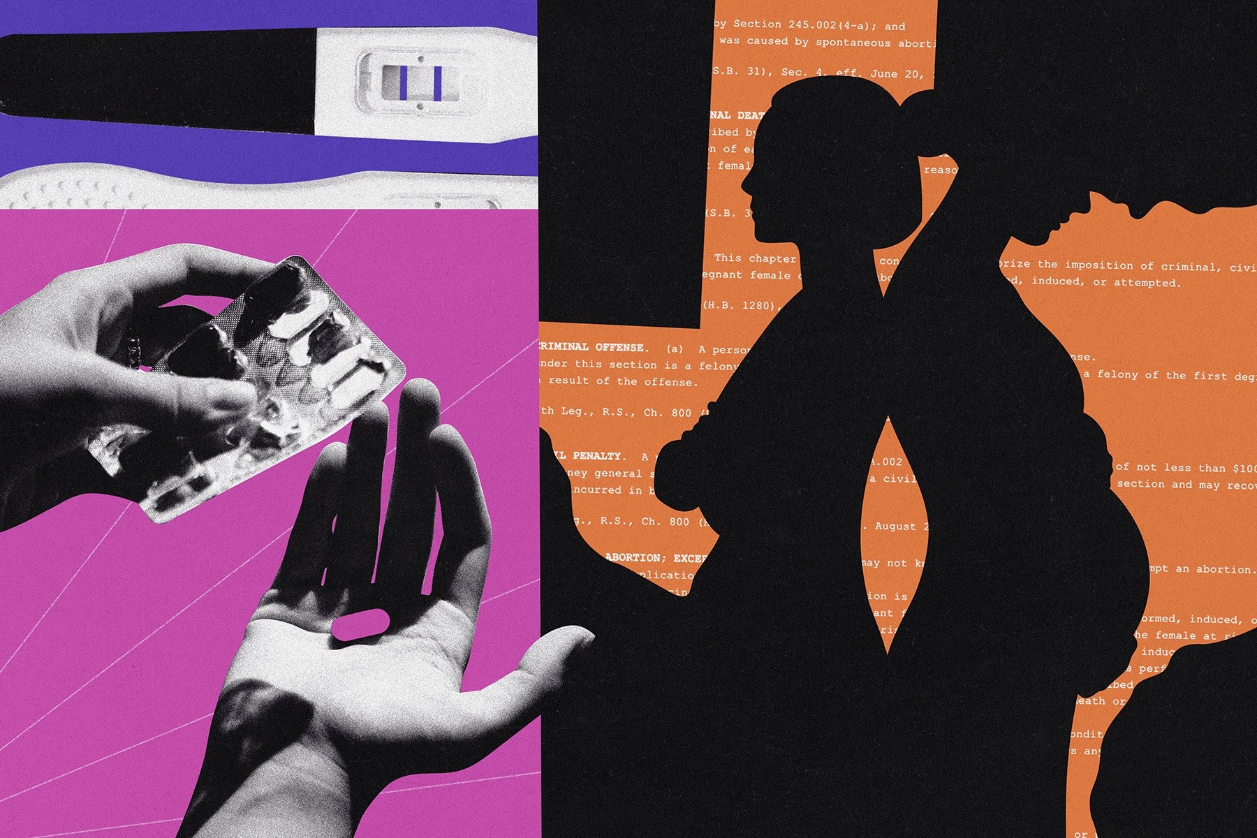 Collage featuring a positive pregnancy test, a woman's hand holding a pill, and two women — one of them pregnant — standing back to back against the shape of the state of Texas.