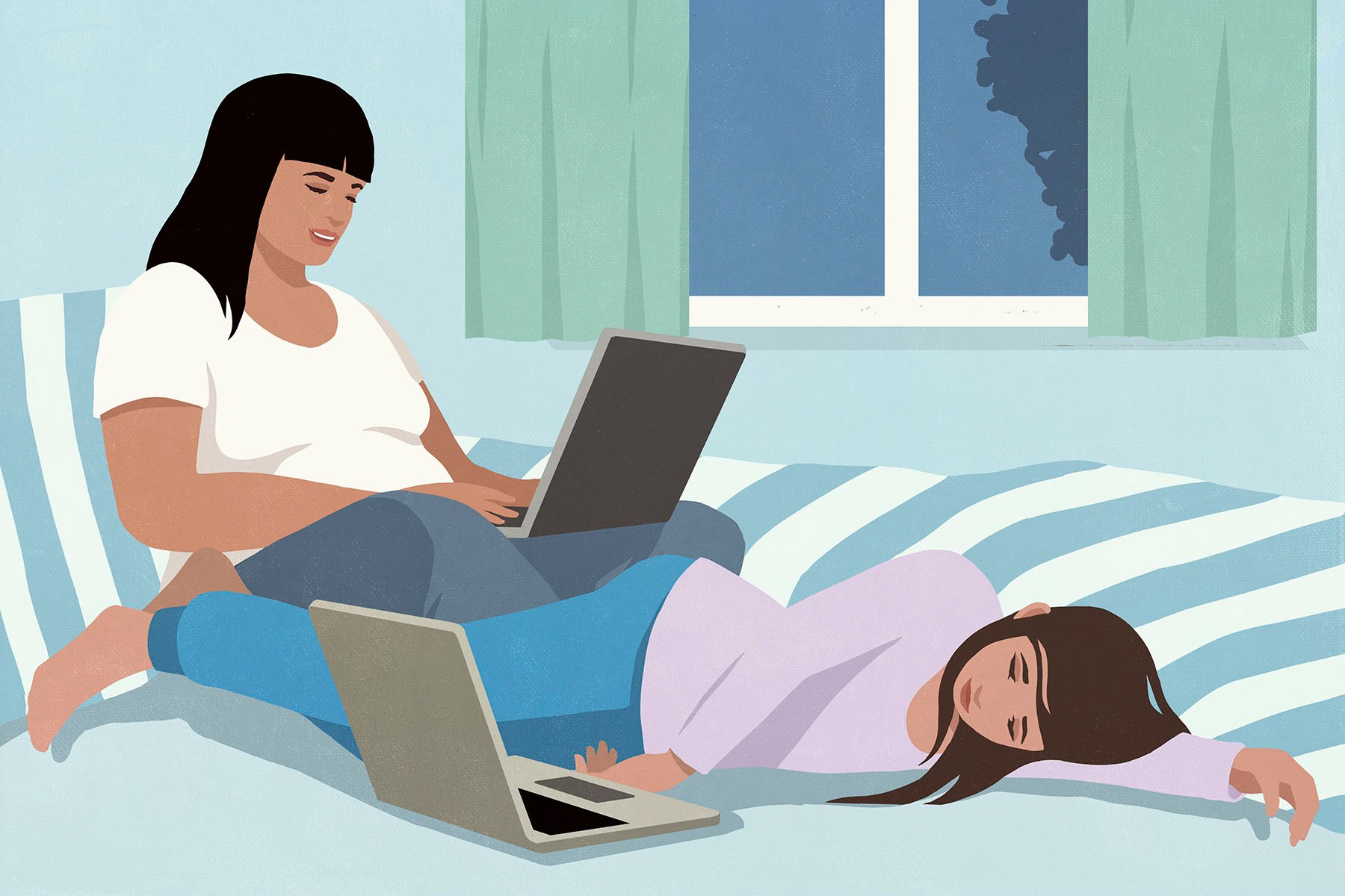 Illustration of a woman working at laptop next to her daughter laying near a laptop on bed.