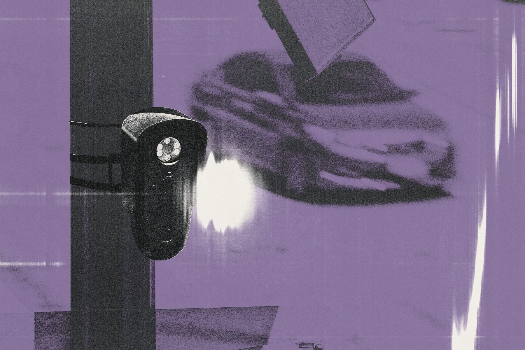 A photo illustration of a car passing by a surveillance camera on a light pole.