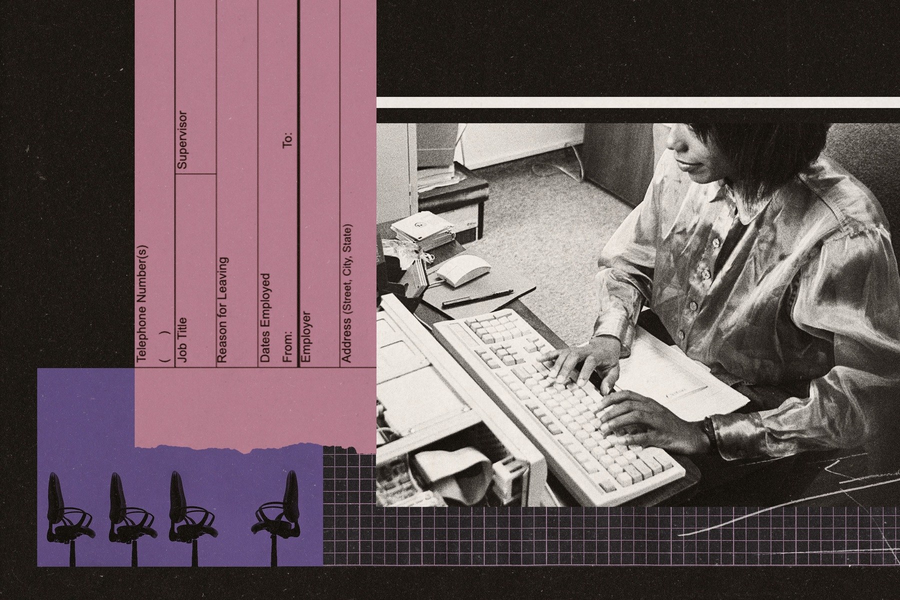 An illustrative collage image of a Black woman typing on a computer, along with a job application and a group of chairs.