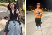 A photo of Lily using a wheelchair (left) and Dylan wearing a baseball uniform.