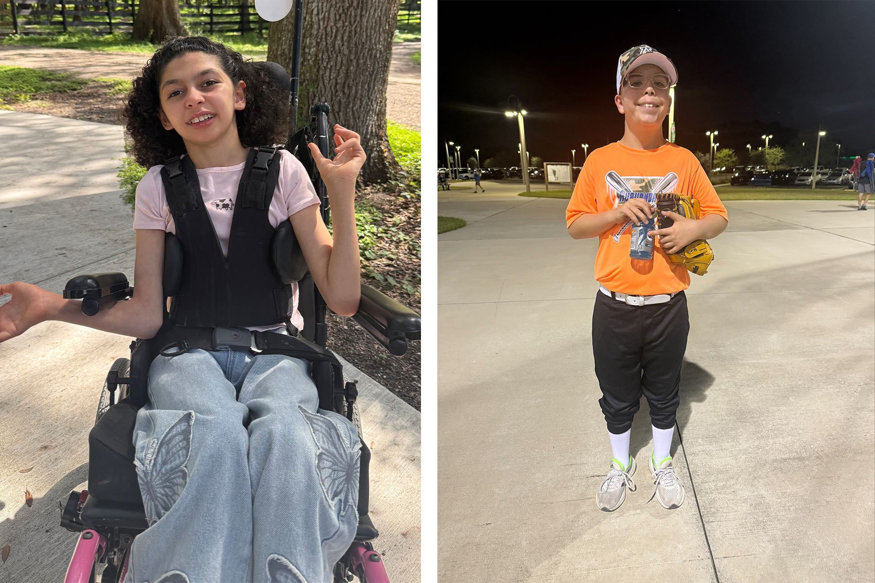 A photo of Lily using a wheelchair (left) and Dylan wearing a baseball uniform.