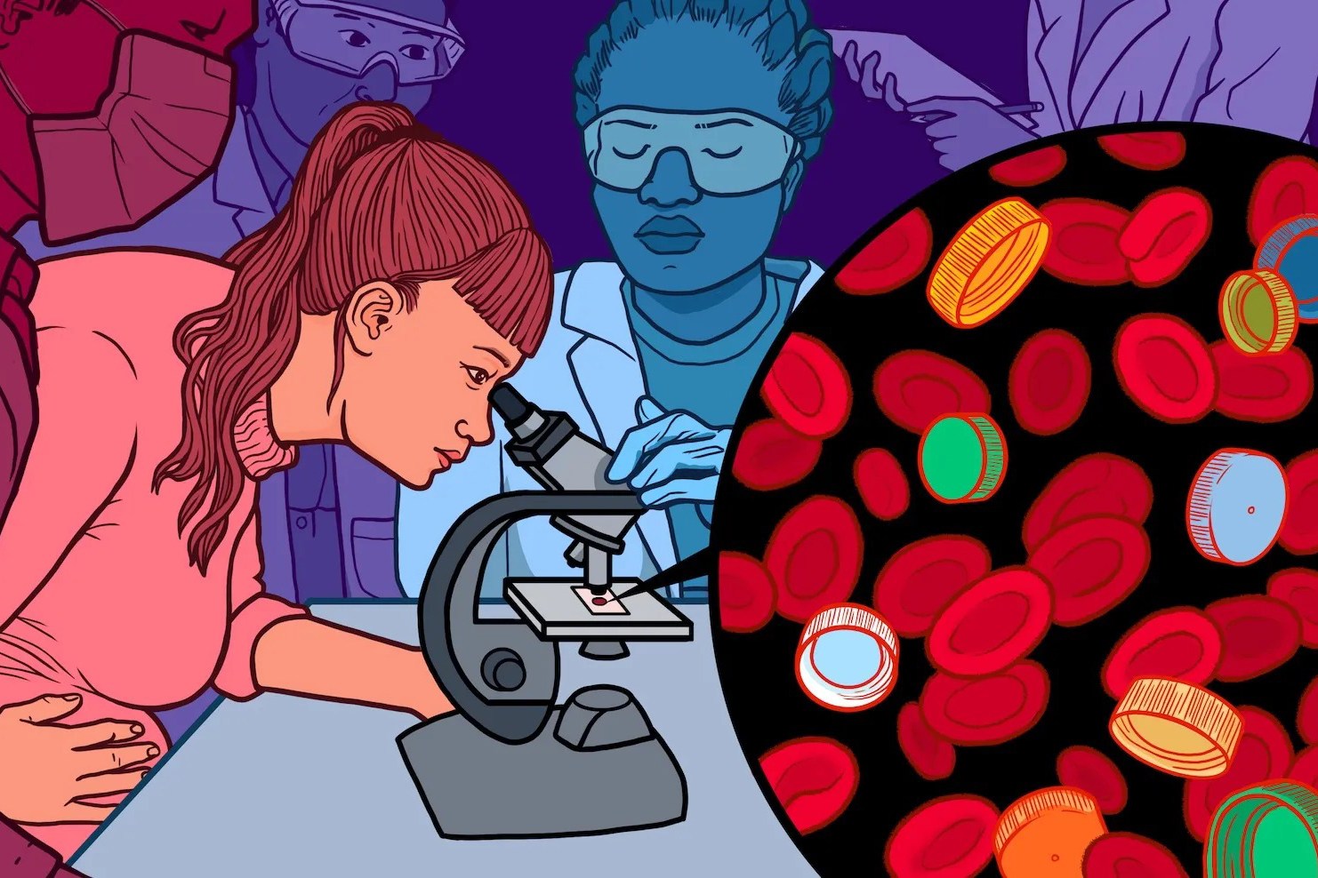 An illustration of scientists looking into a microscope alongside a microscopic view of microplastics.