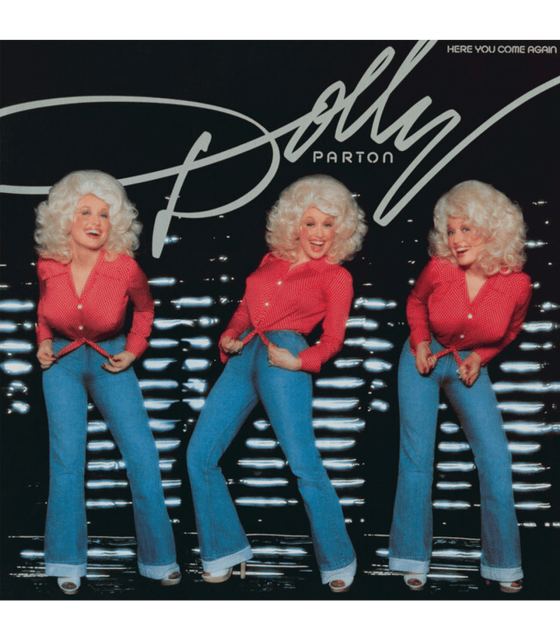 Album cover for Here you Come again, featuring Dolly Parton in triplicate laughing and dancing in a red top and jeans