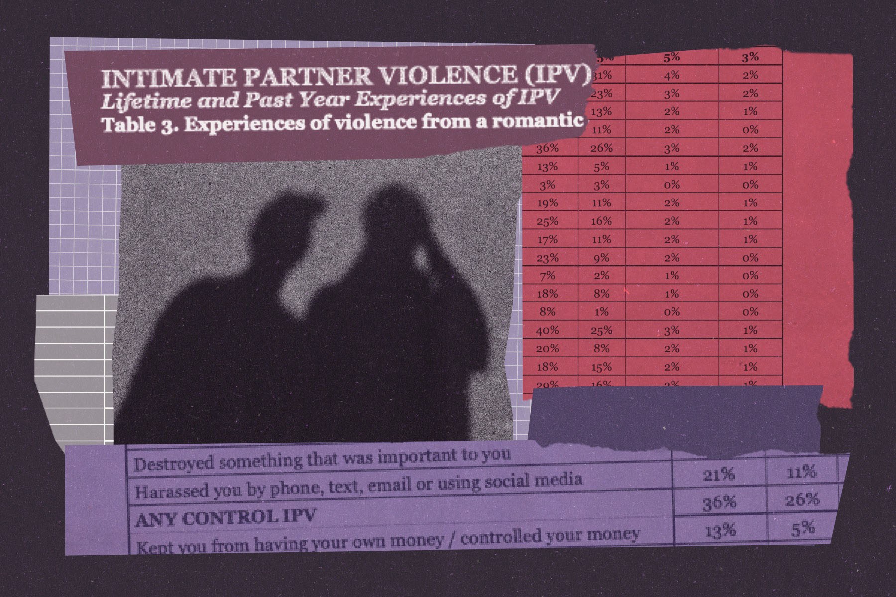 Collage featuring a blurred silhouette of a couple alongside excerpts from data tables about intimate partner violence, including statistics on harassment, controlling behavior and other forms of abuse.