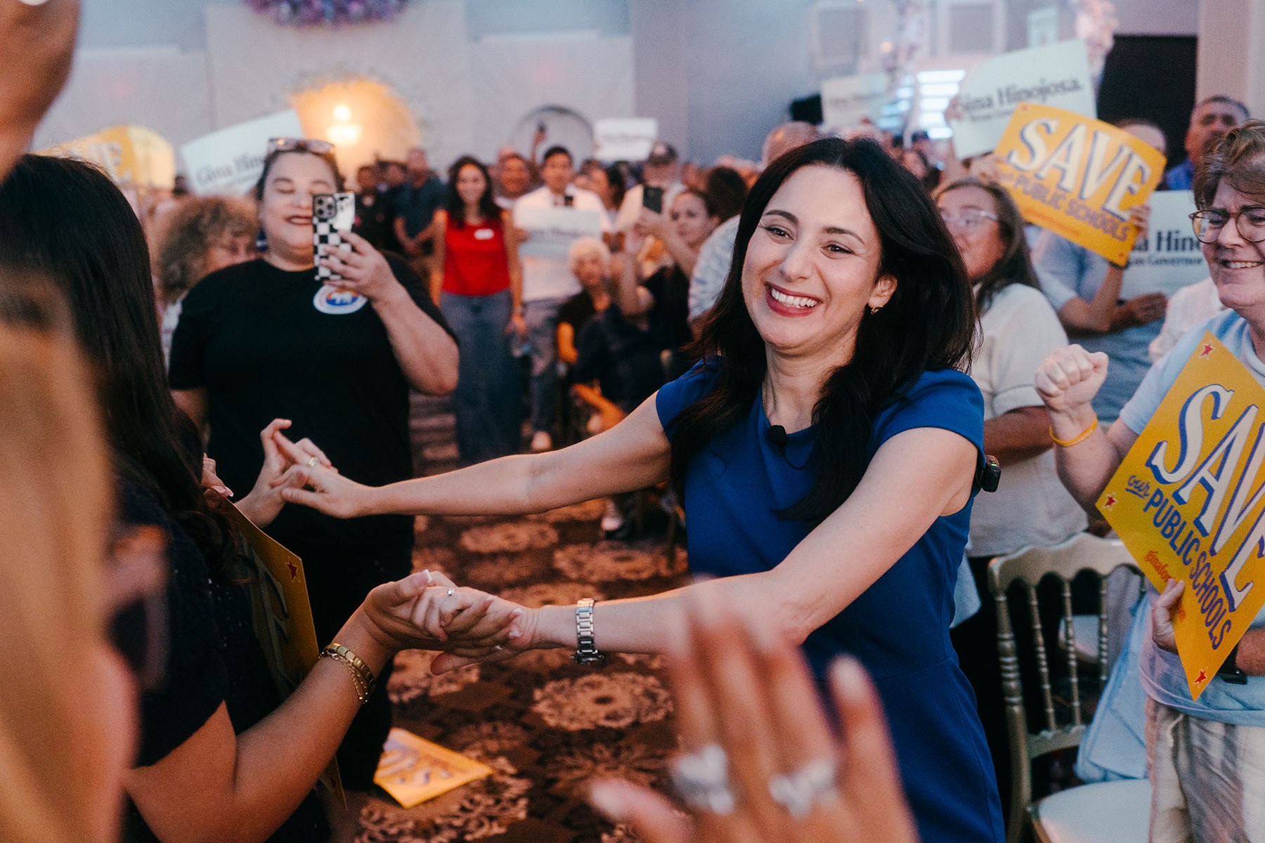 Democratic candidate for Texas Governor Gina Hinojosa greets supporters at a campaign event.