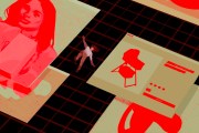 Surreal illustration of a woman falling through a digital landscape filled with oversized online images and shopping interfaces, including an image of a mother and a baby product.