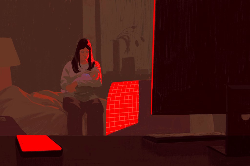 Illustration of a mother cradling and feeding her baby alone in a dark room at night. A glowing phone and bright red digital light are seen in the foreground.