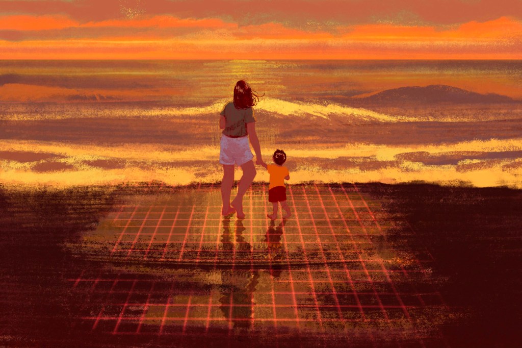 Illustration of a woman and young child holding hands at the edge of the ocean at sunset in warm orange and red tones with a glowing grid beneath their feet.