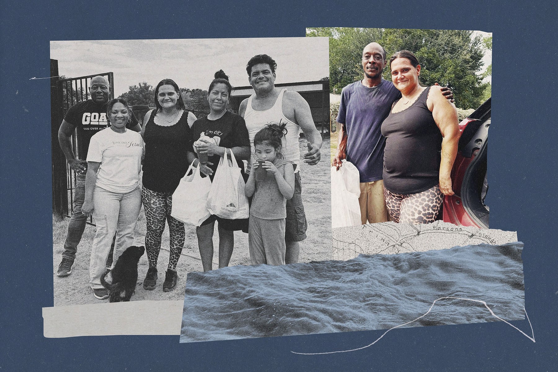 A collage of photos showing Christina Parks with Sand Branch residents outdoors, including a group holding bags of food and two people standing beside a car.