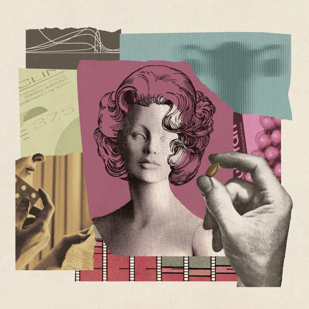 A collage illustration of a woman's model head and various hormone-related imagery.