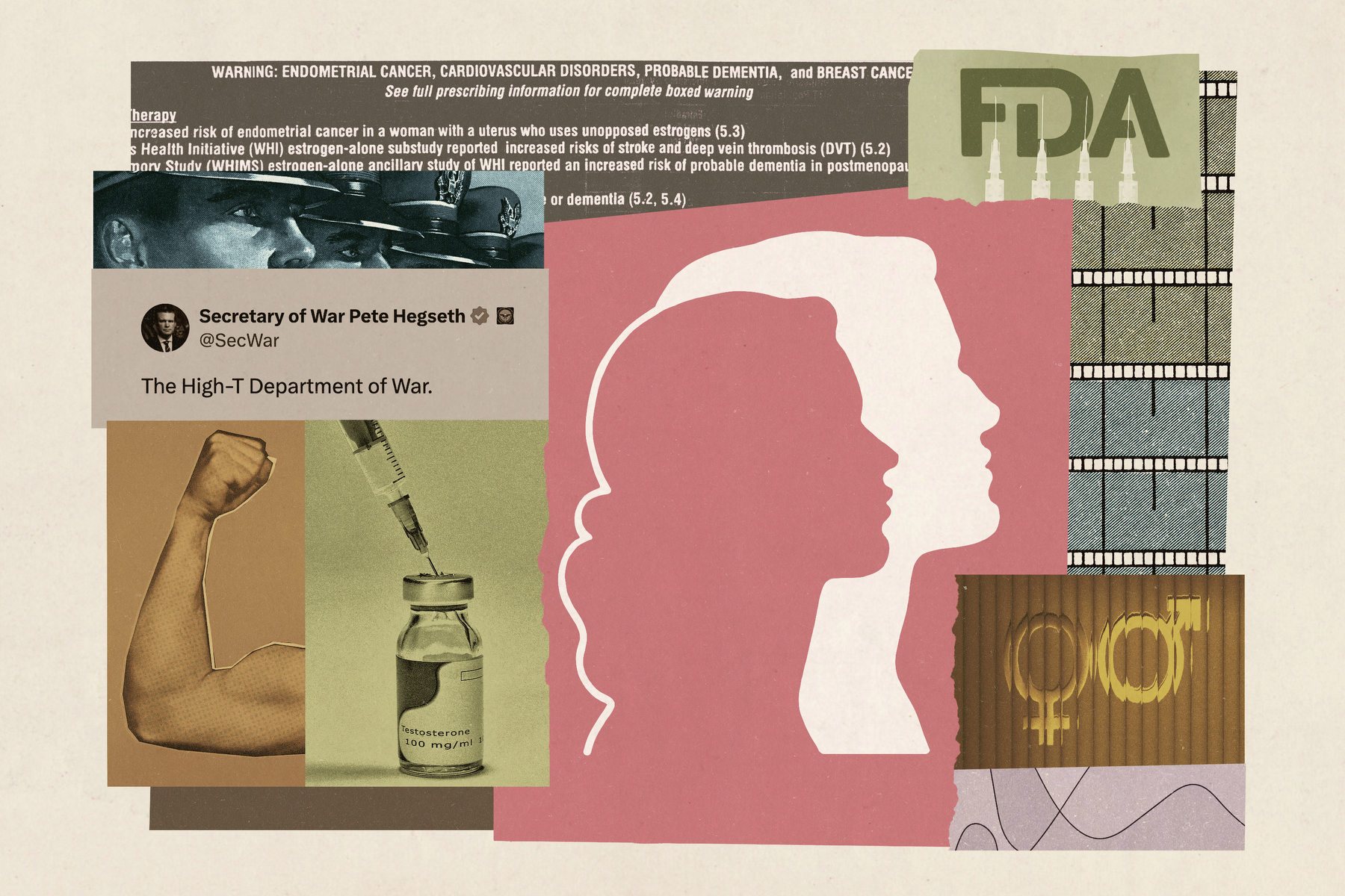 A collage illustration of various hormone-related imagery and gendered symbolism.