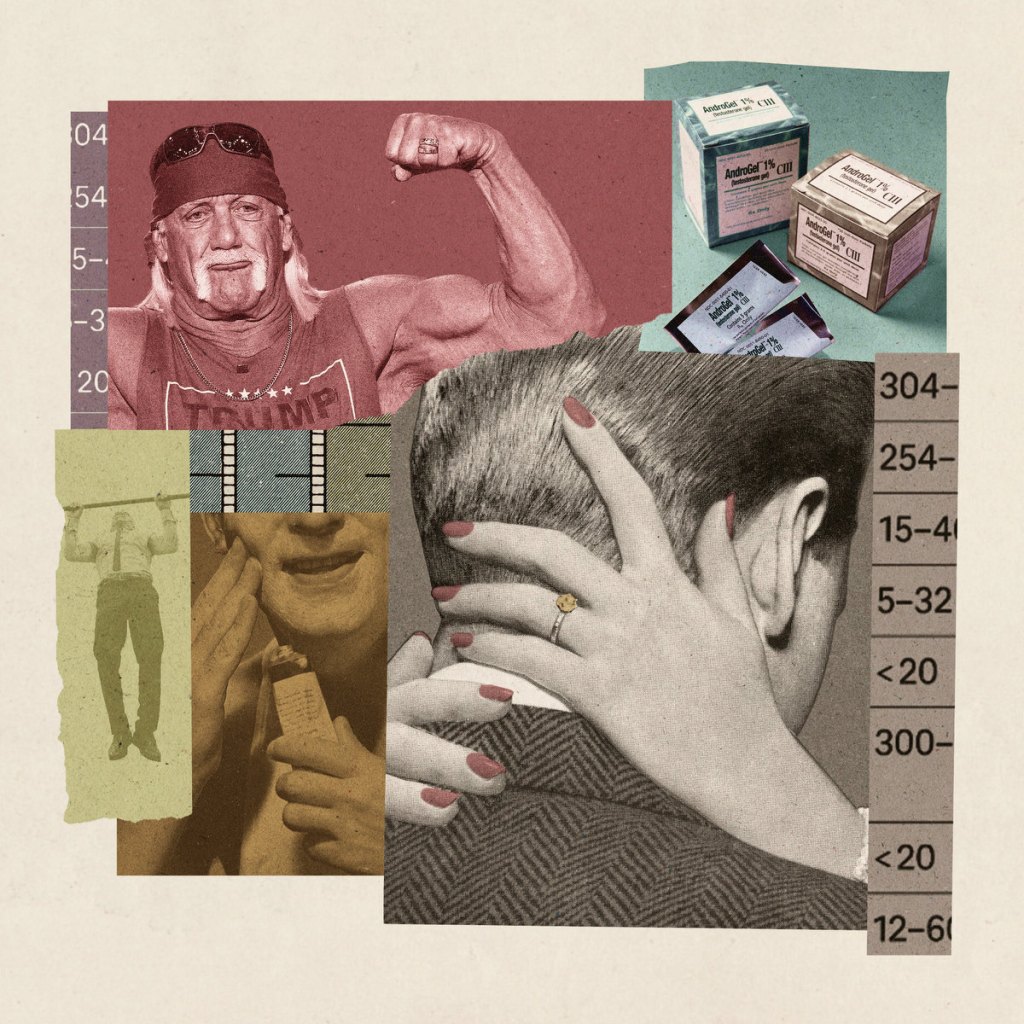 A collage illustration of body imagery various hormone-related imagery and gendered symbolism.
