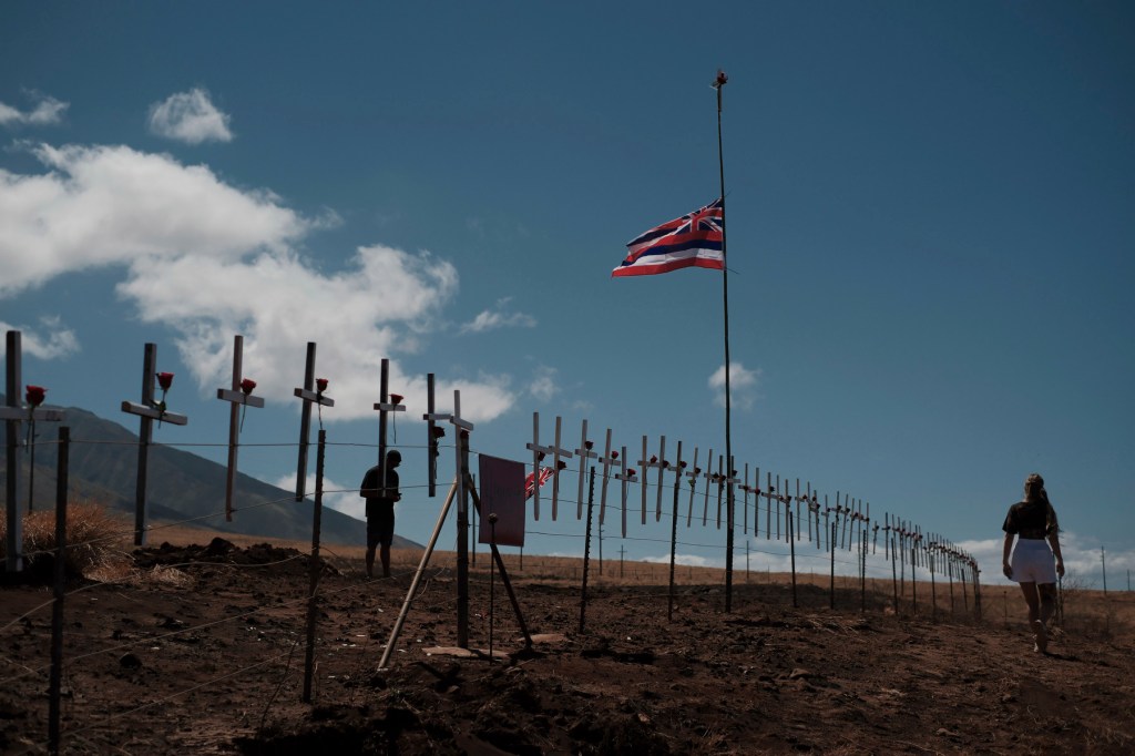 A row of crosses and a US flag flying at half mast mark a burned landscape.