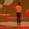 Surreal illustration of mothers holding babies while standing alone on separate broken platforms suspended in space. Red wireframe grids wrap around the fragments, suggesting the fractured and unstable landscape of parenthood.