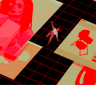 Surreal illustration of a woman falling through a digital landscape filled with oversized online images and shopping interfaces, including an image of a mother and a baby product.
