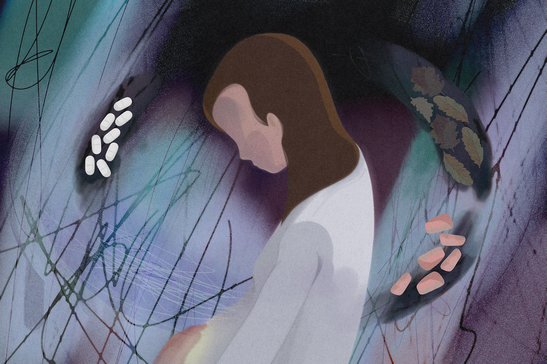An illustration of a pregnant Latina woman looking down toward her womb. She is surrounded by textures of scratches, pills, pink meat and dirt.