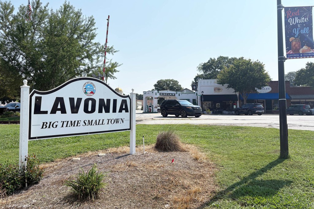 A sign reading "Lavonia: Big Time Small Town" stands beside a road, with storefronts, cars and trees visible across the street.