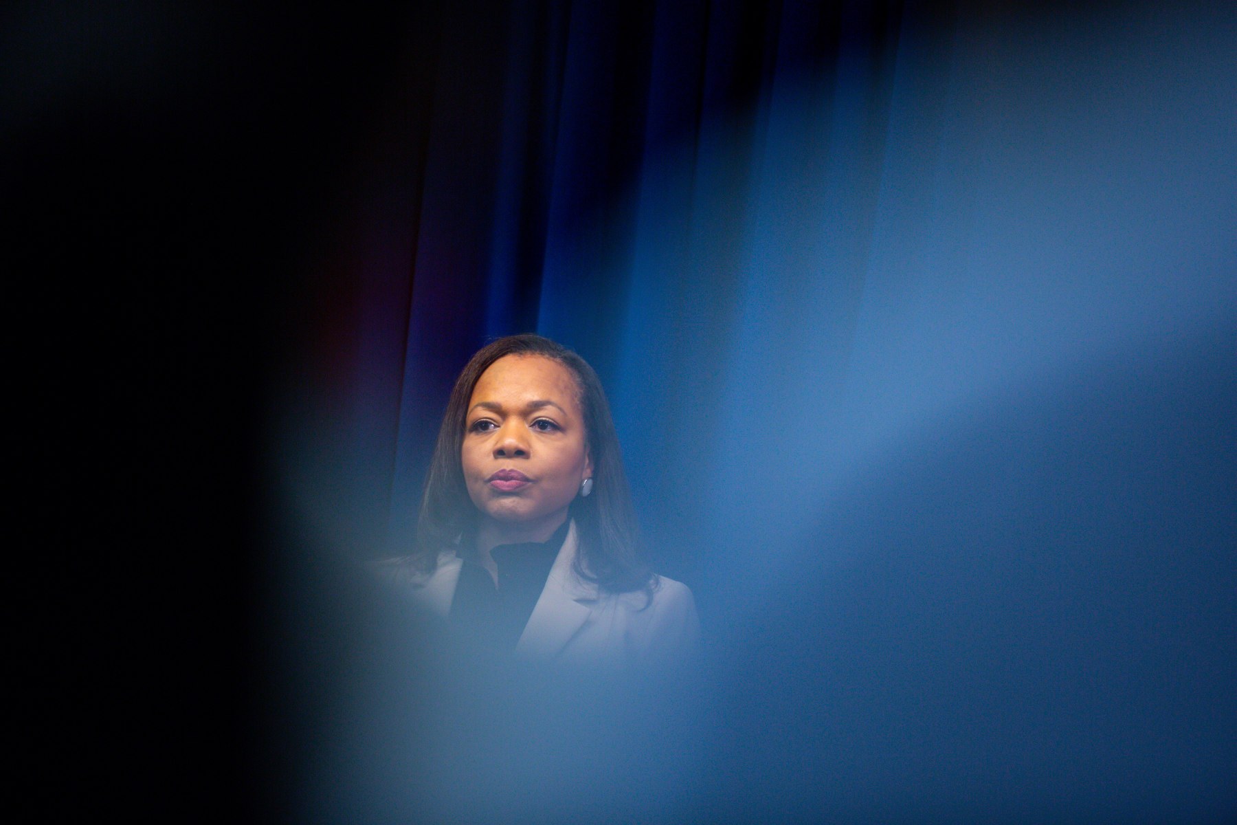Clarke seen through a haze of blue.