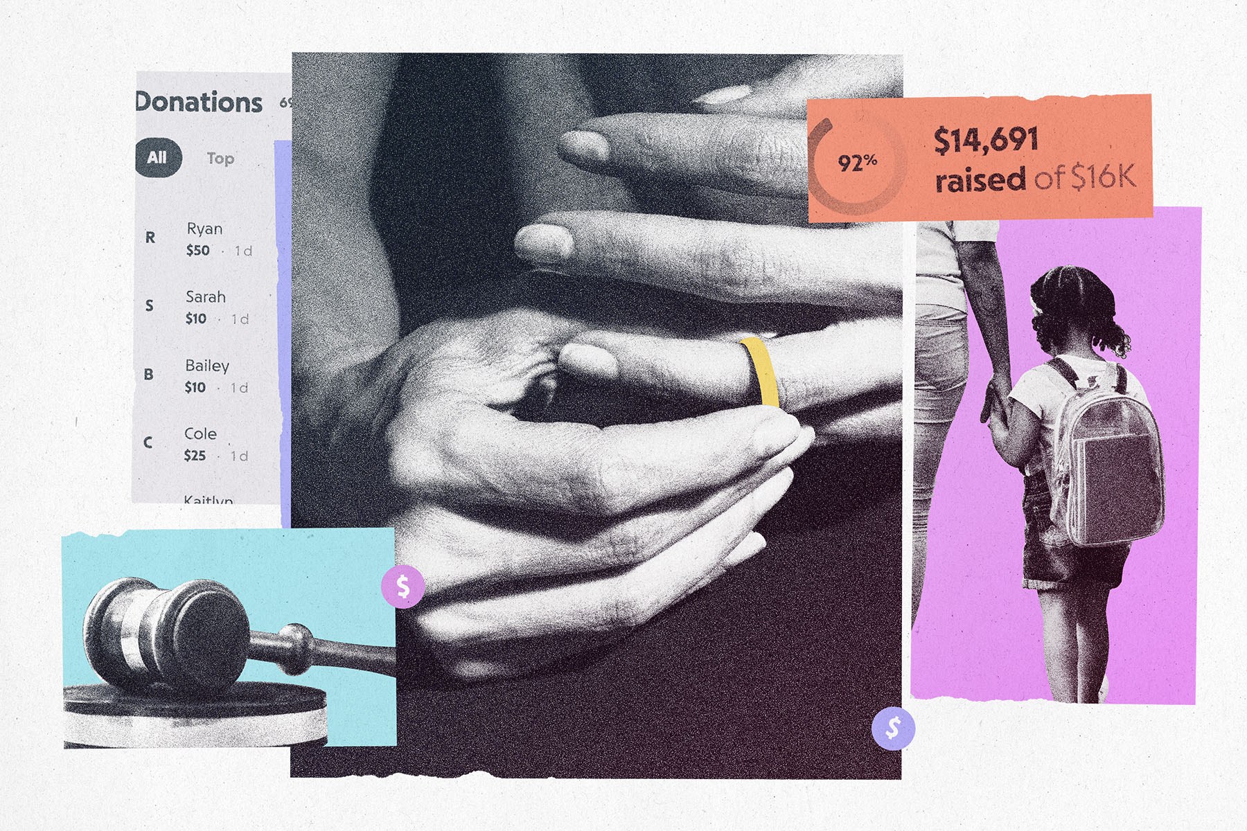 Collage featuring a black-and-white close-up of hands cradling a baby’s foot, layered with images of a crowdfunding donation page, a judge’s gavel and a young girl holding an adult’s hand.