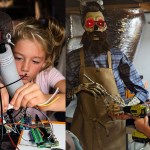 Two side-by-side photos show Nathalie working on Uncle Murray, a life-size animatronic skeleton. At left, she concentrates on connecting colorful wires to a circuit board. At right, she smiles while holding a cordless drill beside the skeleton, which wears a plaid shirt, tan apron, dark beard and glowing red glasses.