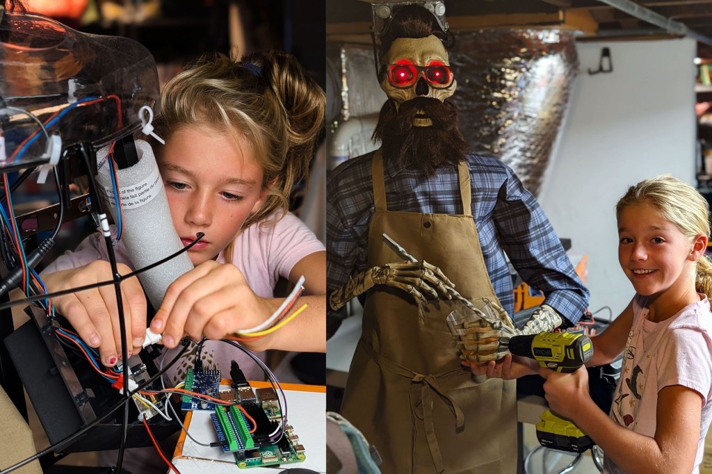Two side-by-side photos show Nathalie working on Uncle Murray, a life-size animatronic skeleton. At left, she concentrates on connecting colorful wires to a circuit board. At right, she smiles while holding a cordless drill beside the skeleton, which wears a plaid shirt, tan apron, dark beard and glowing red glasses.