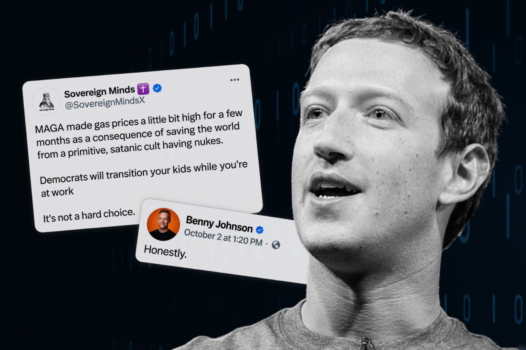 A black-and-white portrait of Mark Zuckerberg appears beside Facebook post screenshots. One makes a false claim about Democrats transitioning children while parents are at work; another shows Benny Johnson replying, “Honestly.” The background is dark with blue binary digits.