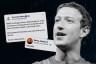 A black-and-white portrait of Mark Zuckerberg appears beside Facebook post screenshots. One makes a false claim about Democrats transitioning children while parents are at work; another shows Benny Johnson replying, “Honestly.” The background is dark with blue binary digits.
